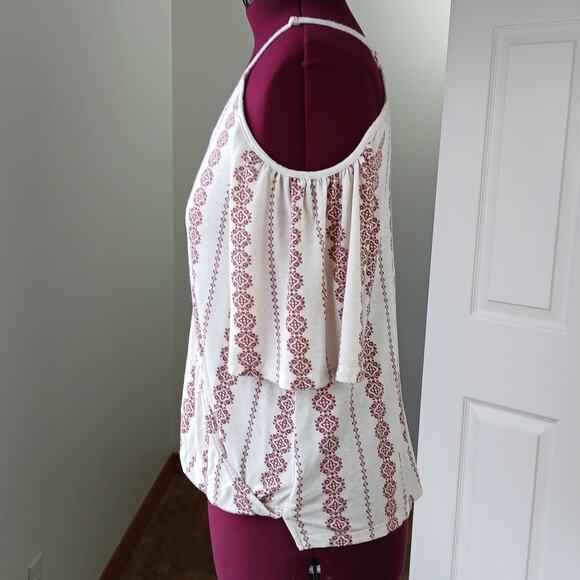 hem & thread cold shoulder faux wrap tank top L tan red adjustable straps L4998 - Picture 2 of 12